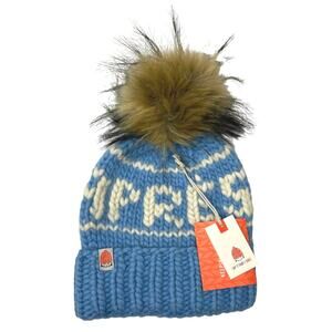 Sh*t That I Knit Women's Blue 100% Wool Hand Knit Faux Fur Pom Pom Beanie Hat OS